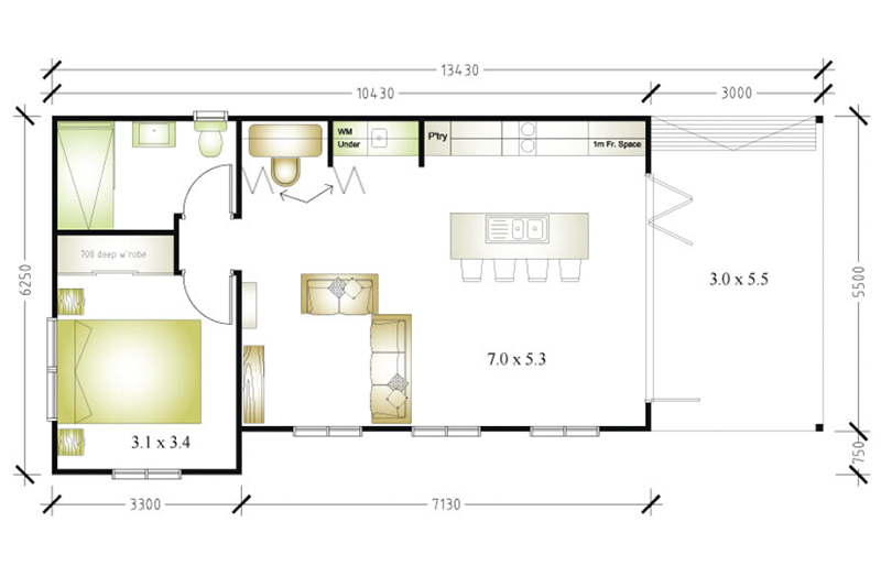 6,250 by 7,130 one-bedroom granny flat floor plan