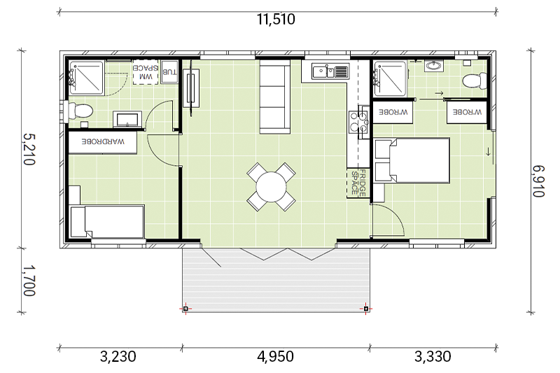 6,910 by 11,510 granny flat floor plan including covered patio