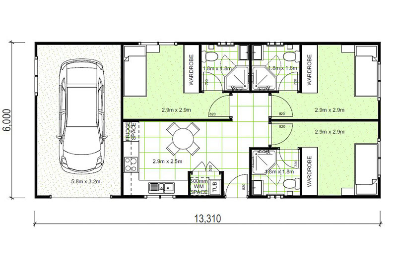 13,310 by 6,000 granny flat floor plan including single car garage