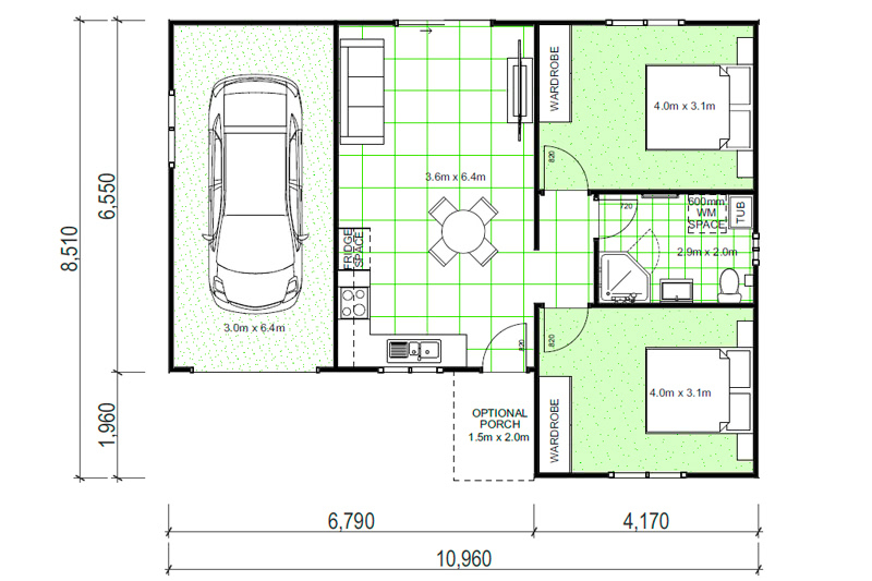 8,510 by 10,960 granny flat floor plan with one car garage