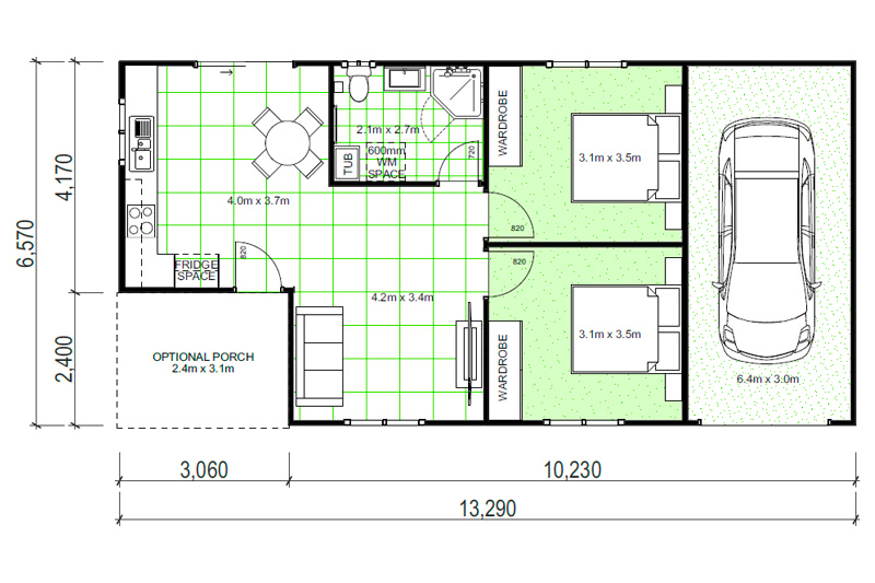 13,290 by 6,570 floor plan including car port and optional porch