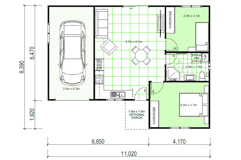 11,020 by 8,390 granny flat floor plan with garage and optional porch