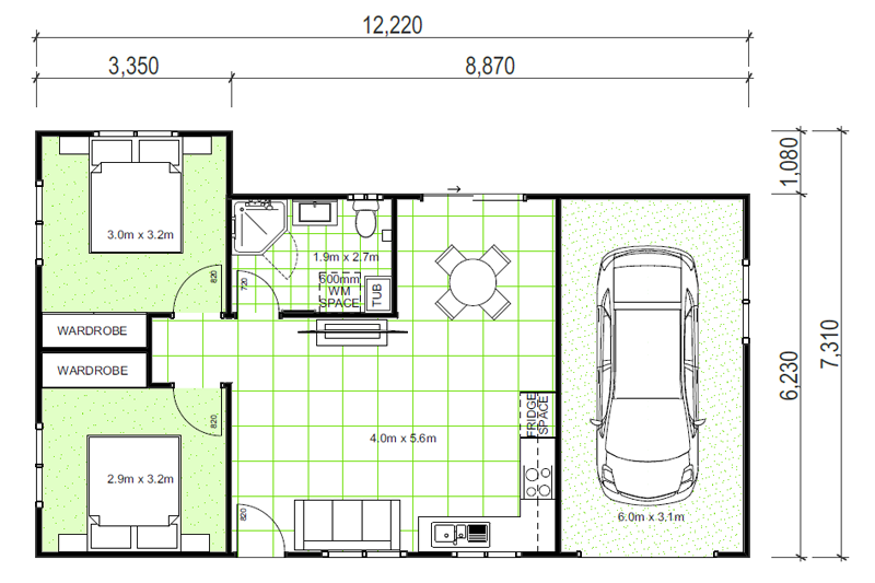 12,200 by 7,310 granny flat floor plan including garage