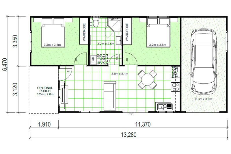 13,280 by 6,470 granny flat floor plan including single car garage