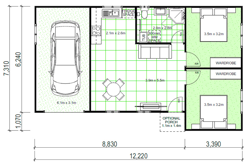 12,220 by 7,310 granny flat floor plan including single car garage