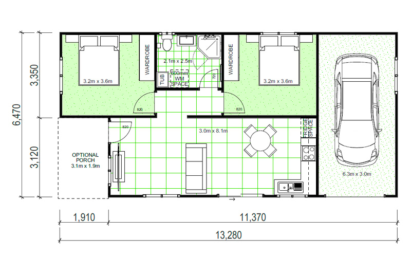 13,280 by 6,470 granny flat floor plan single car garage