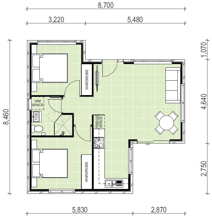 Granny flat design floor plan with 2 bedrooms