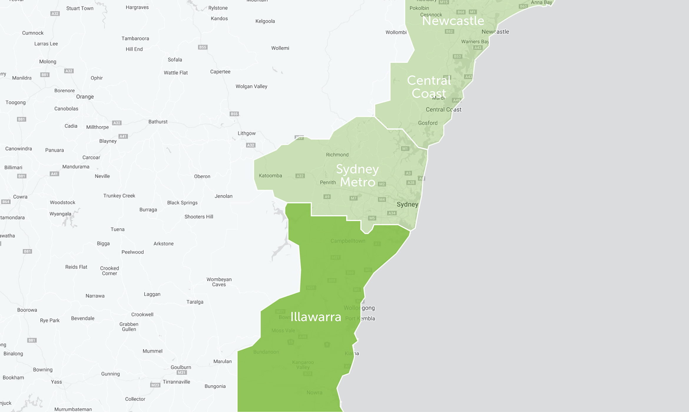 Map of Newcastle, Central Coast, Sydney Metro, and Illawarra