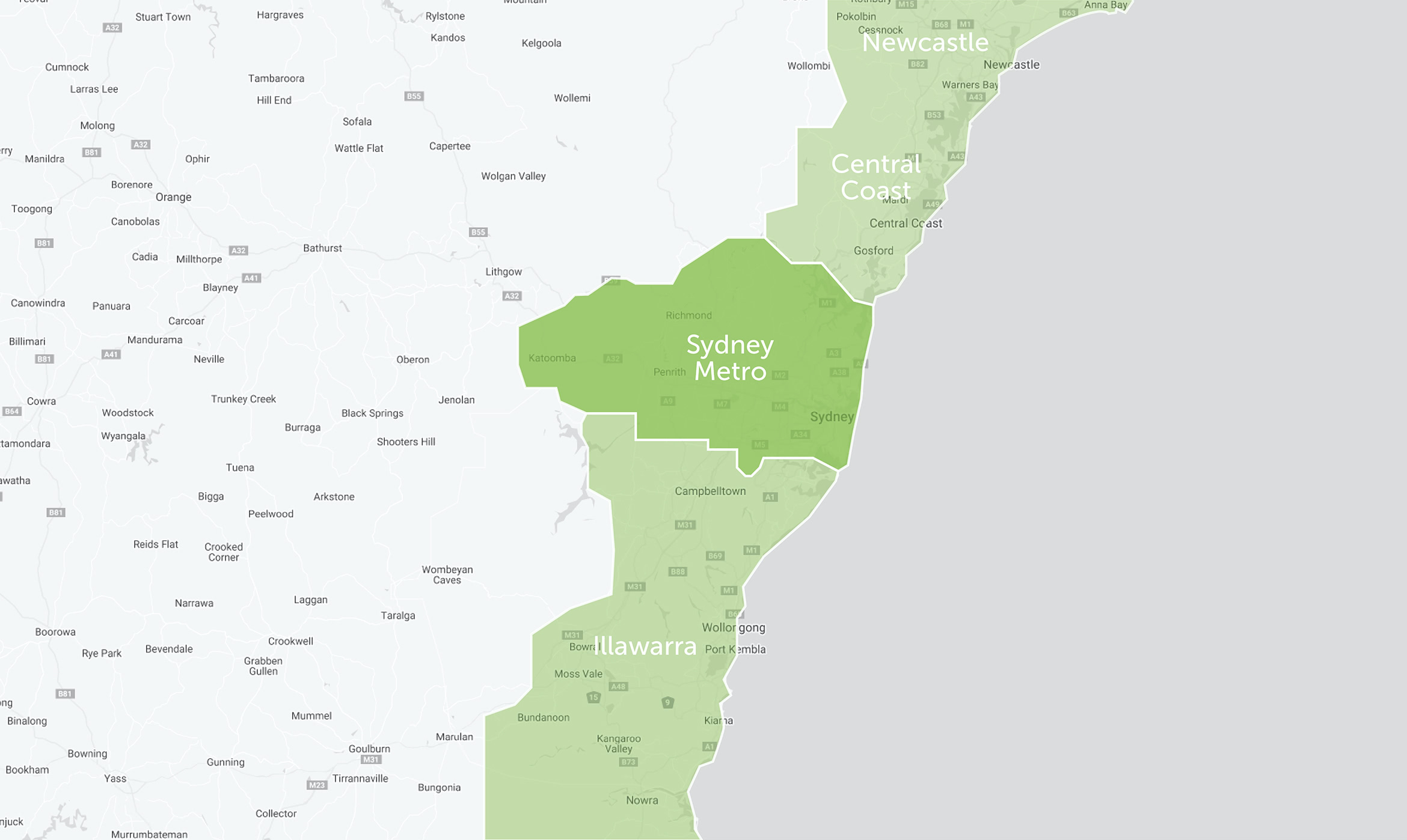 Map of Newcastle, Central Coast, Sydney Metro, and Illawarra