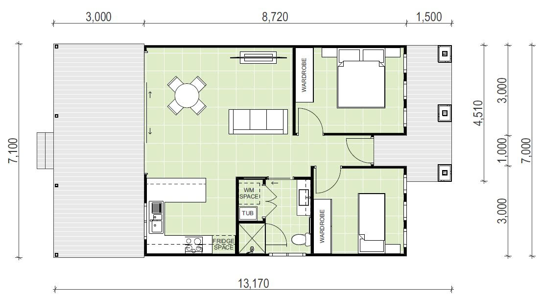 granny flat floor plan design 13170 x 7100