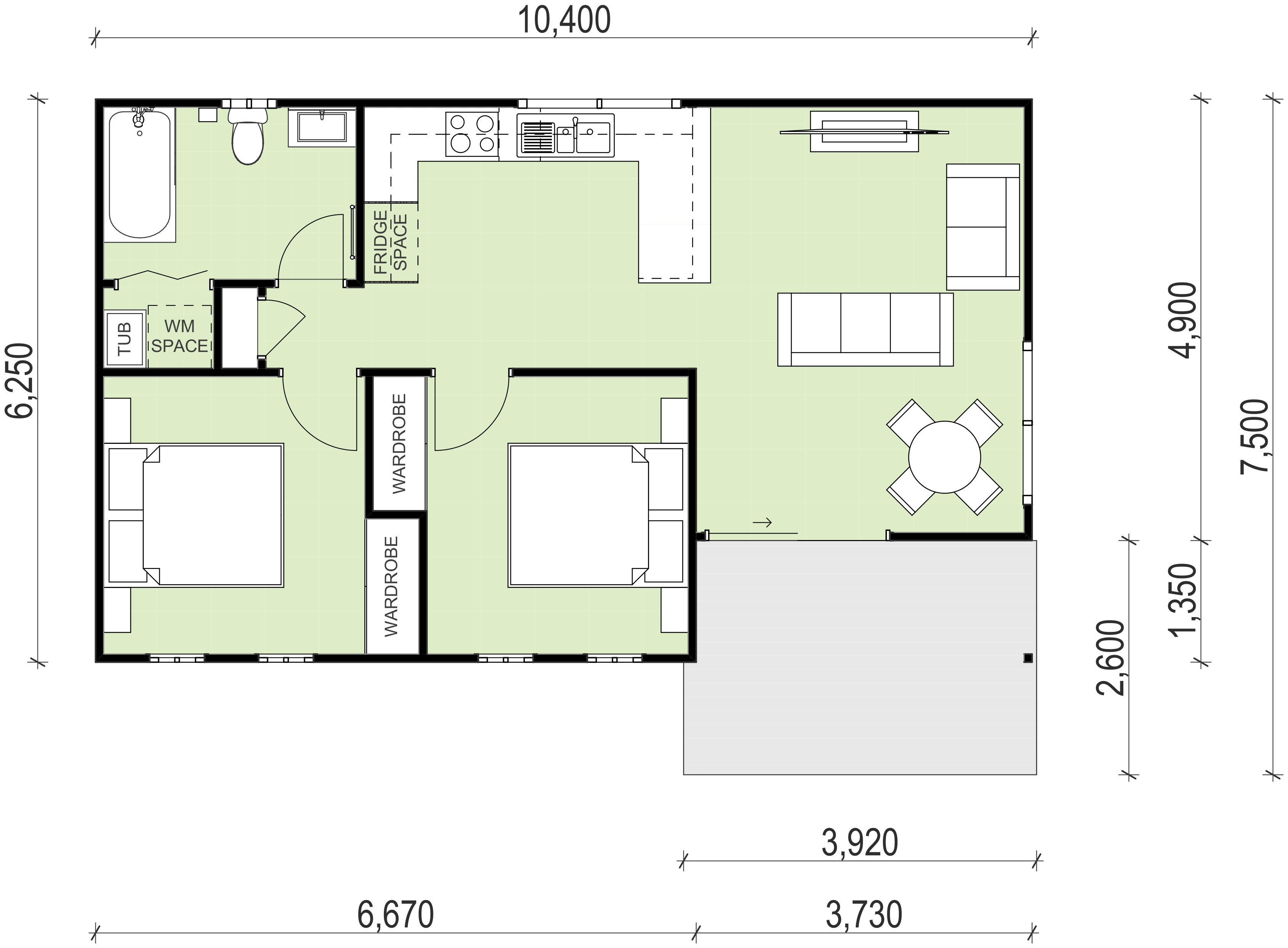 granny flat floor plan design 10400x7500