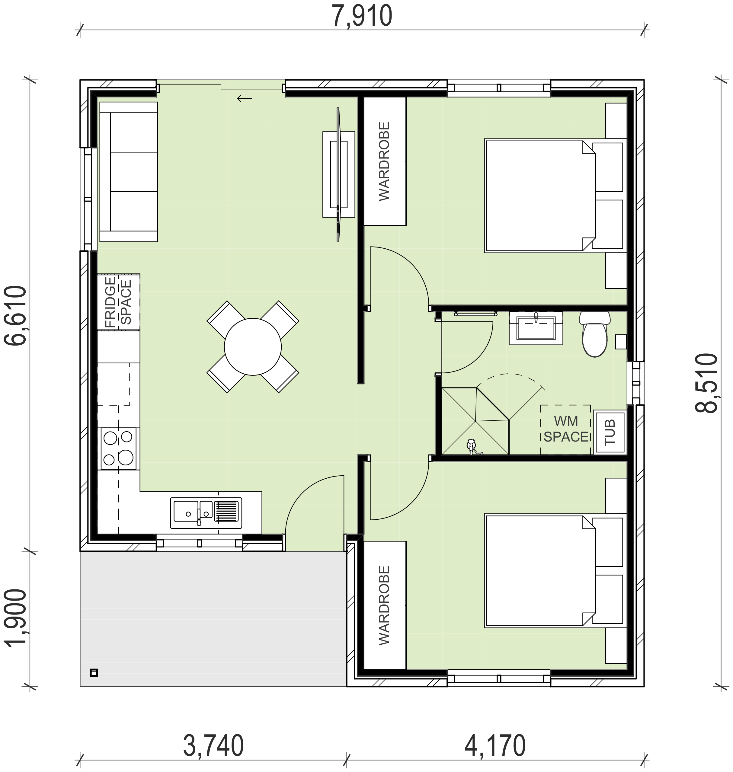 Granny flat floor plan design with 2 bedrooms and 1 bathroom
