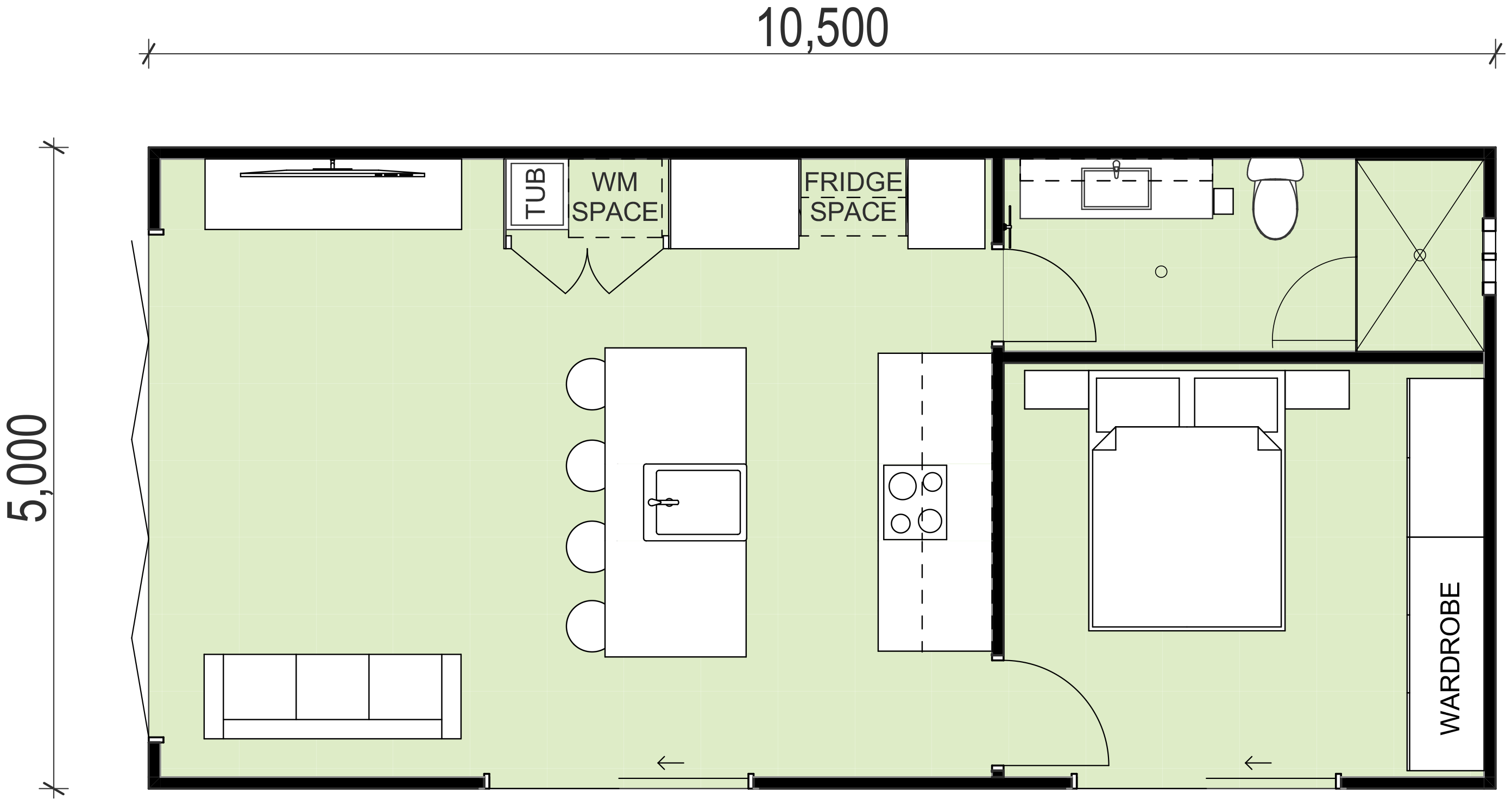 granny flat floor plan with kitchen island