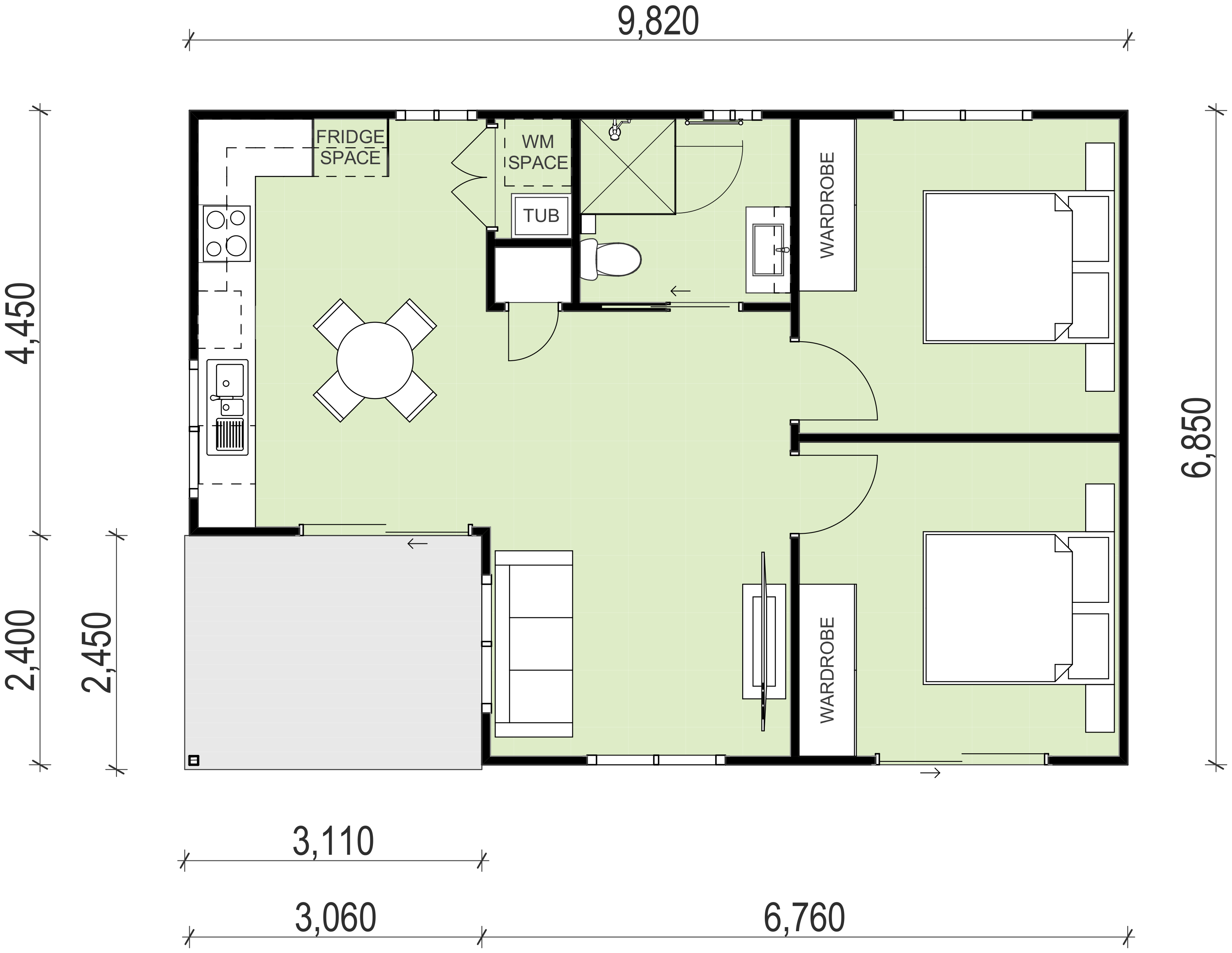 Granny flat with 1 bathroom and 2 bedrooms