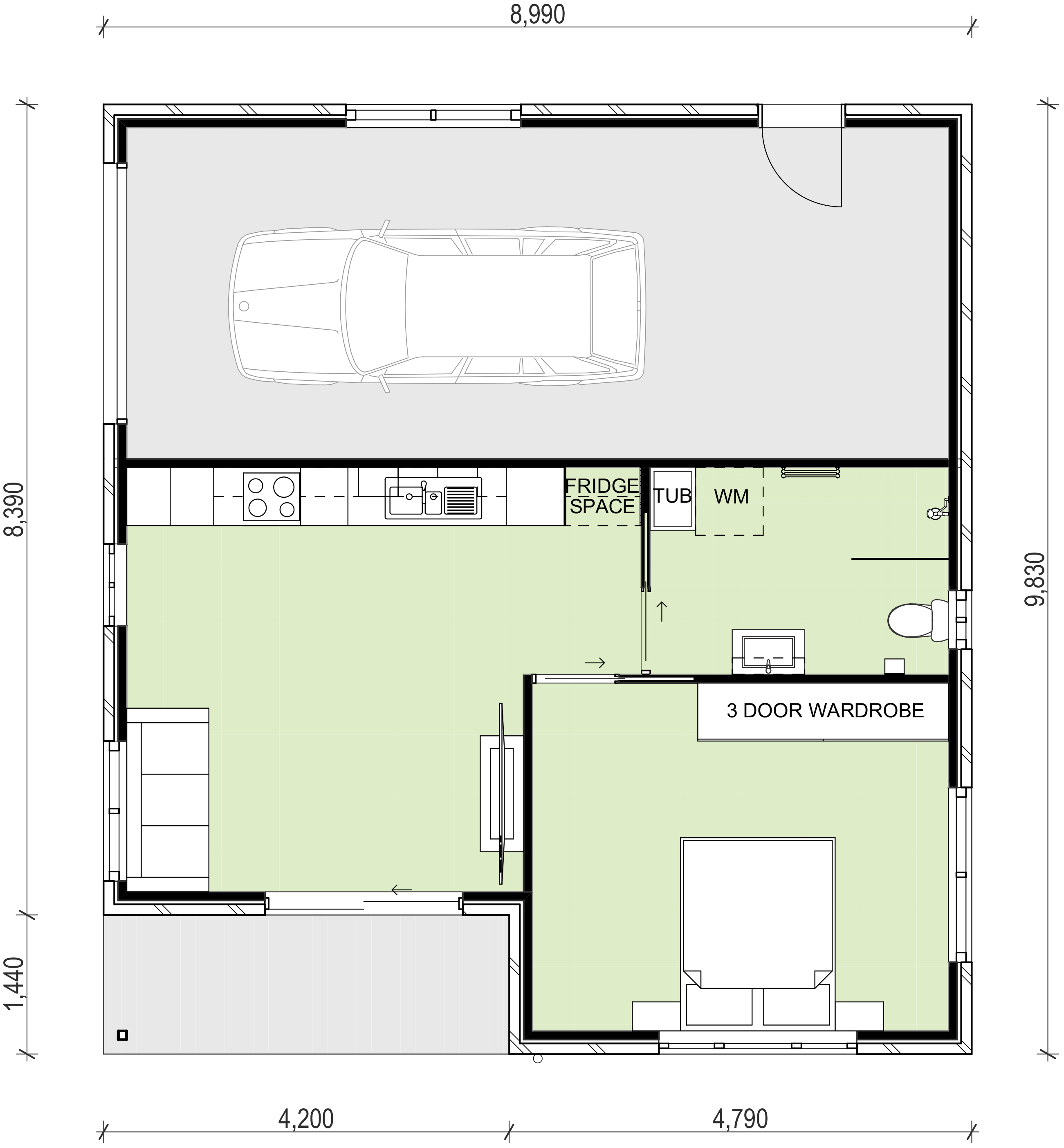 blueprint of granny flat with place for car