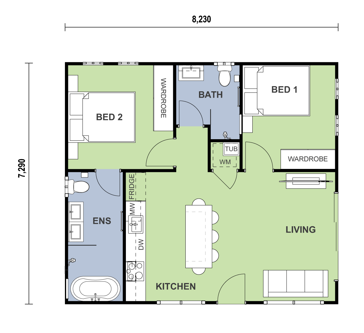 2 bedroom 2 bathroom granny flat floor plan