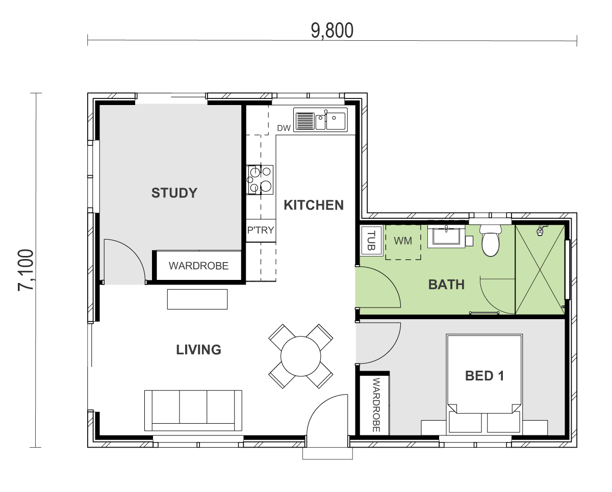 granny flat floor plan design with study room