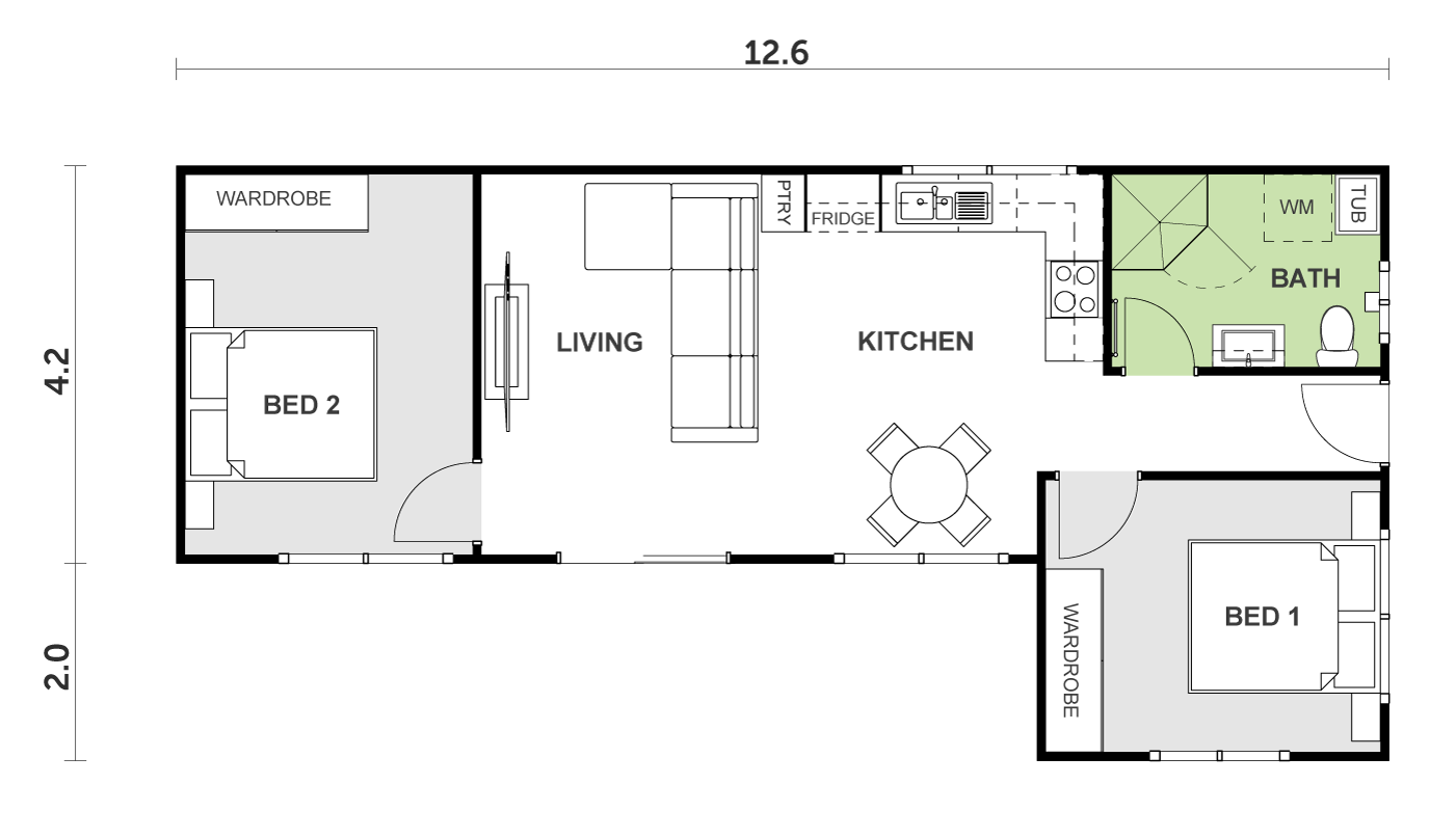 2 bedroom narrow granny flat floor plan