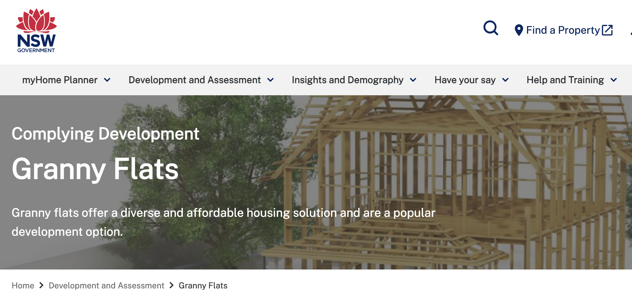 Landing page screen for NSW gov granny flat rules